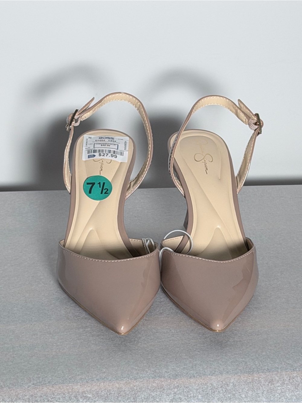 Jessica Simpson Patent Pointed Toe Slingback Heels in Taupe